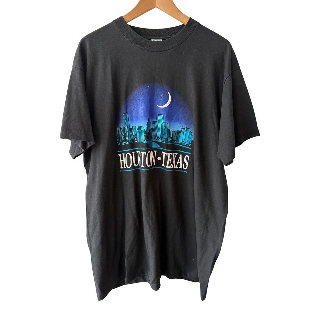 Vintage Fruit of the Loom Houston Texas Skyline T-Shirt XL Black Single Stitch
